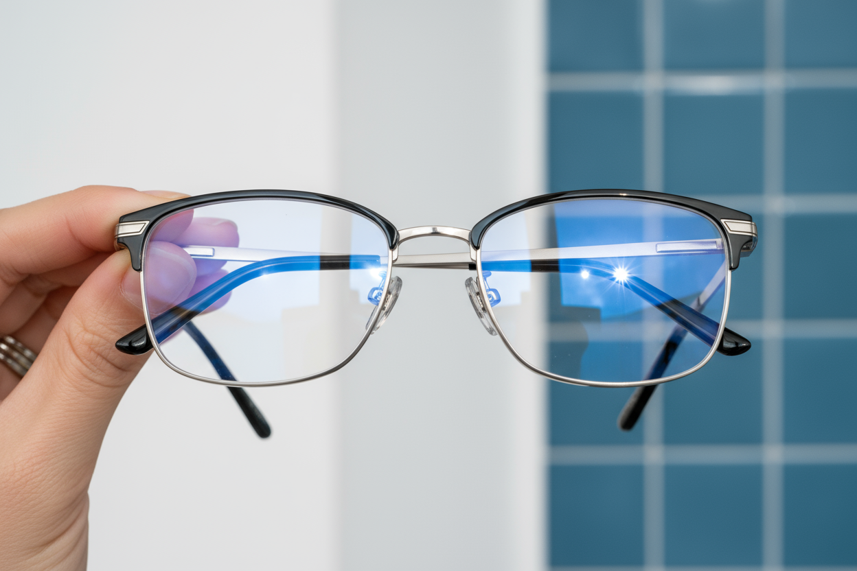 I would like a clean white and tile blue background and the lenses has to be clear not sunglasses 