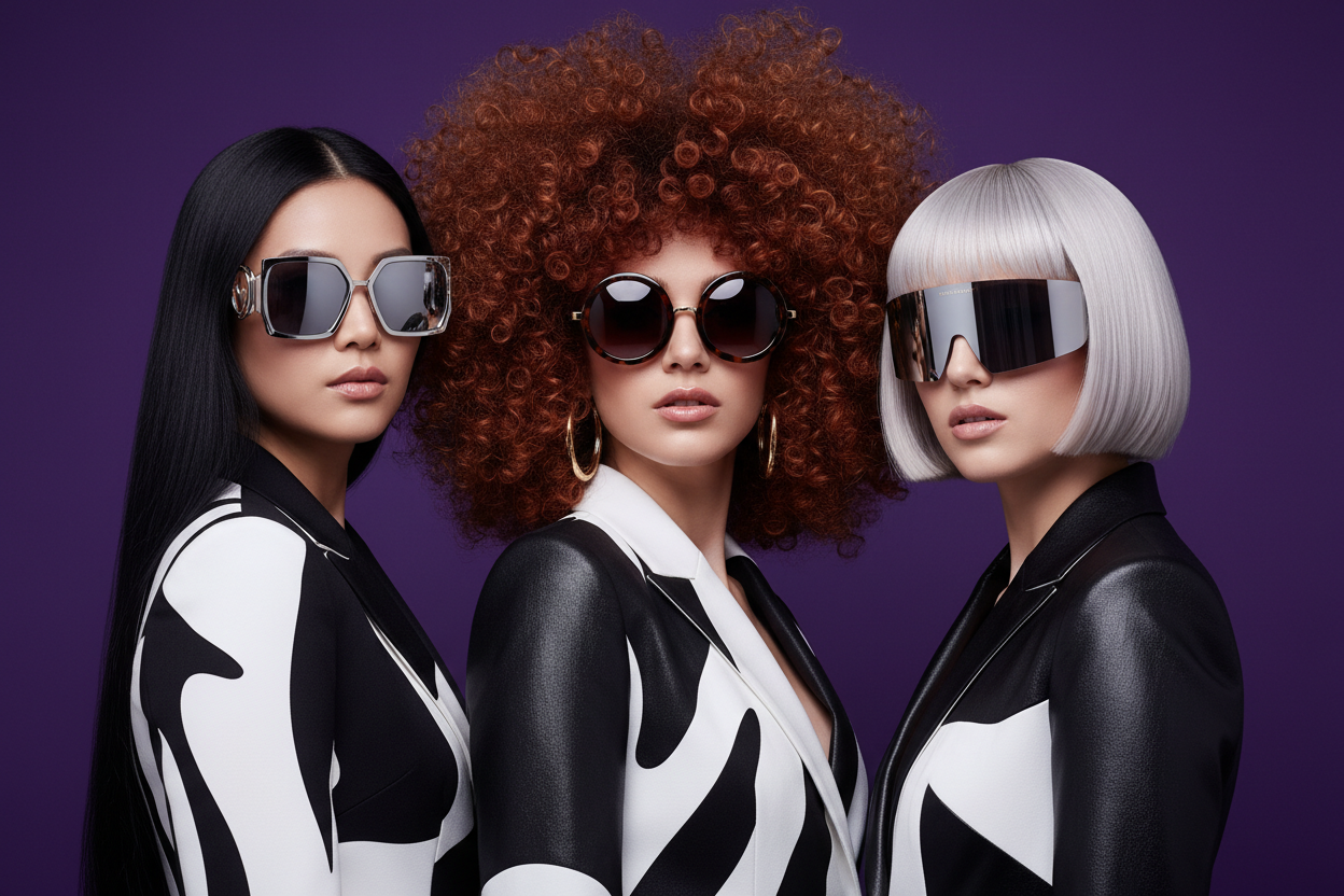 Three women with stylized hair and sunglasses against a purple background 